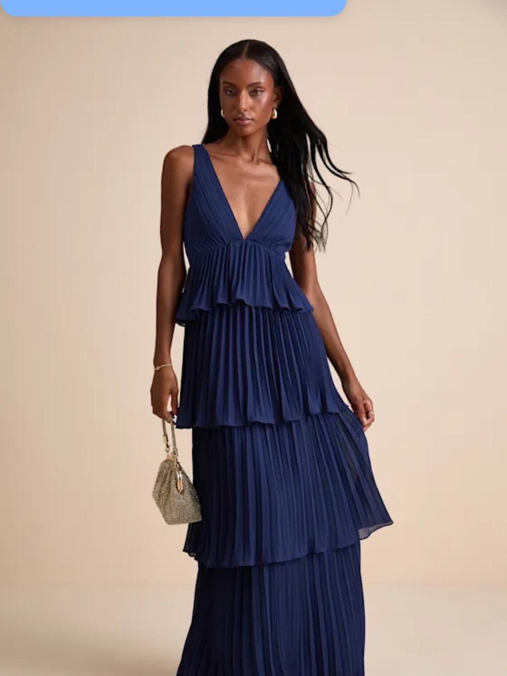 Lulu's Navy Tiered Pleated V-Neck Maxi Dress